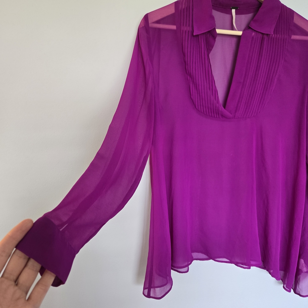Free People Sz XS TP Sheer Long Sleeve Flowy Purple Blouse